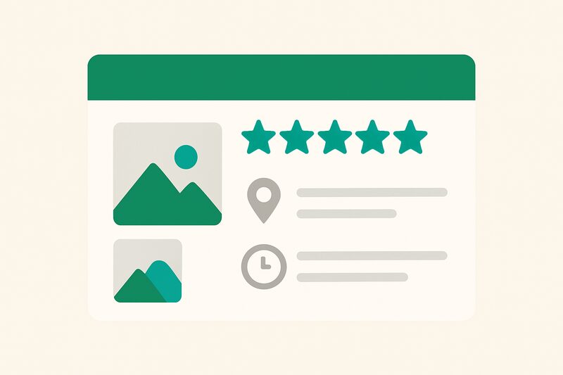 Fiche Google Business Profile avec avis, photos, adresse et horaires